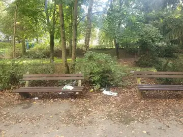 Smeti na tleh in klopcah v parku z drevesi