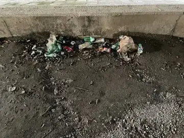 Odvržene pločevinke in plastenke na zemlji ob pločniku