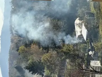 Dim se dviga iz požara v gozdu blizu stavb