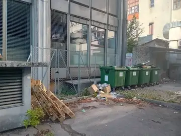Zeleni zabojniki za odpadke z raztresenimi smetmi in lesenimi paletami ob stavbi
