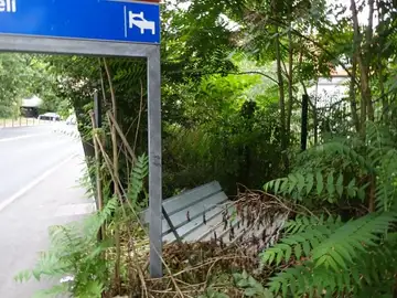 Zaraščena vegetacija in odvržene kovinske plošče pri obcestnem znaku